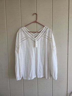 Chico's White V-Neck Crochet Yoke Long-Sleeve Top Boho Peasant Shirt Sz 3 New